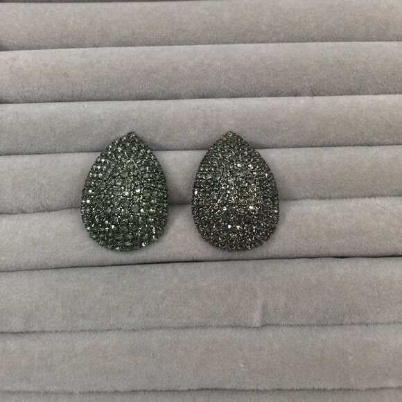 Sparkly Rhinestone Marcasite Dome Crystal Teardrop Post Stud Gunmetal Earrings - Picture 2 of 5
